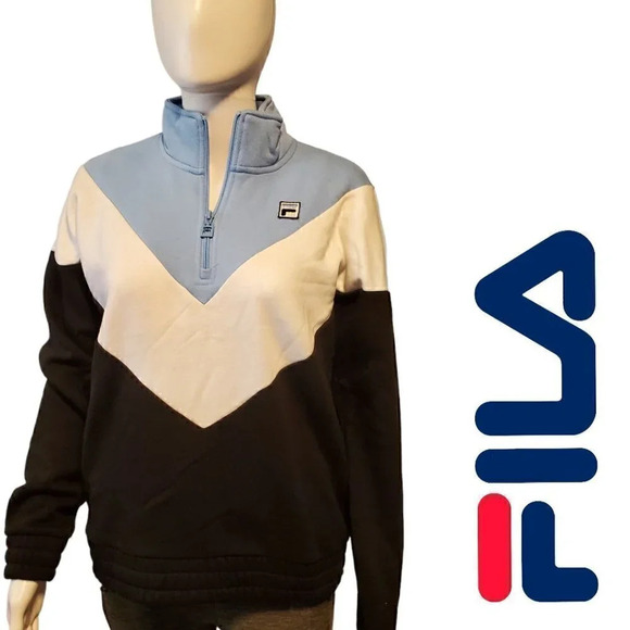 Fila | Pullover Tri-Color 1/4 Zip Colorblock Chevron Pullover | Black Blue White - Picture 1 of 7